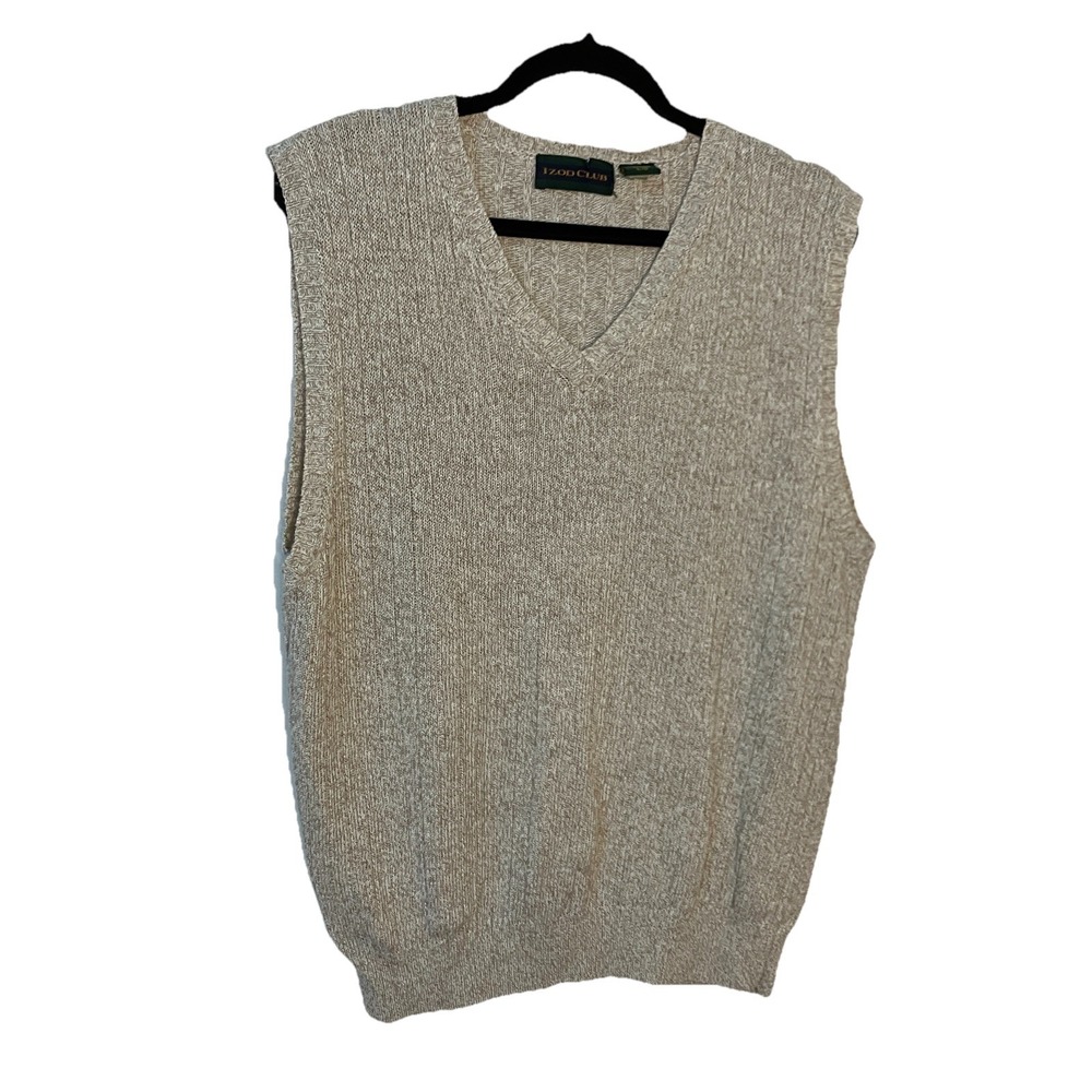 Vintage Izod Club Linen Sweater Vest Mens L Tan Ribbed Knit Academia Golf‎